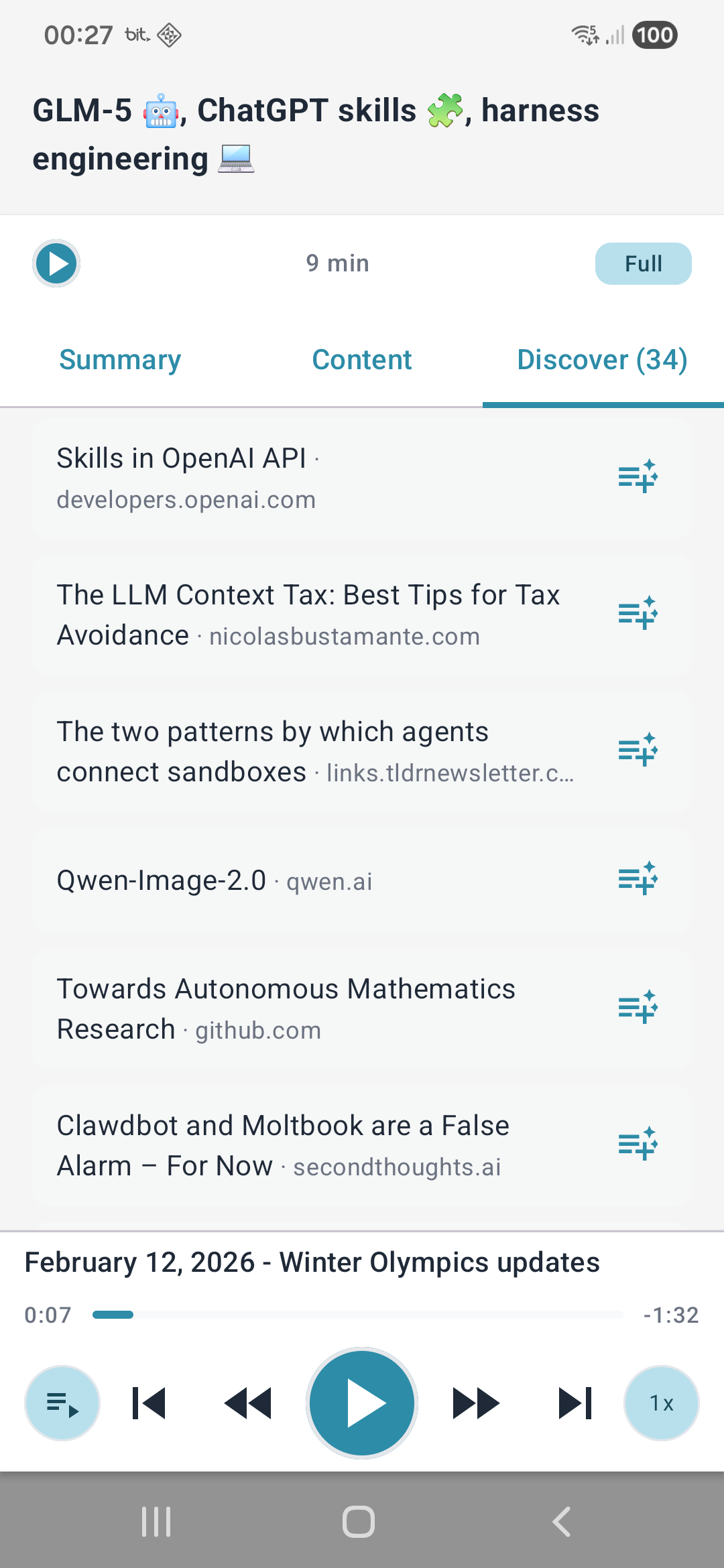 Discover tab showing 34 links found within an article with options to add them to the queue