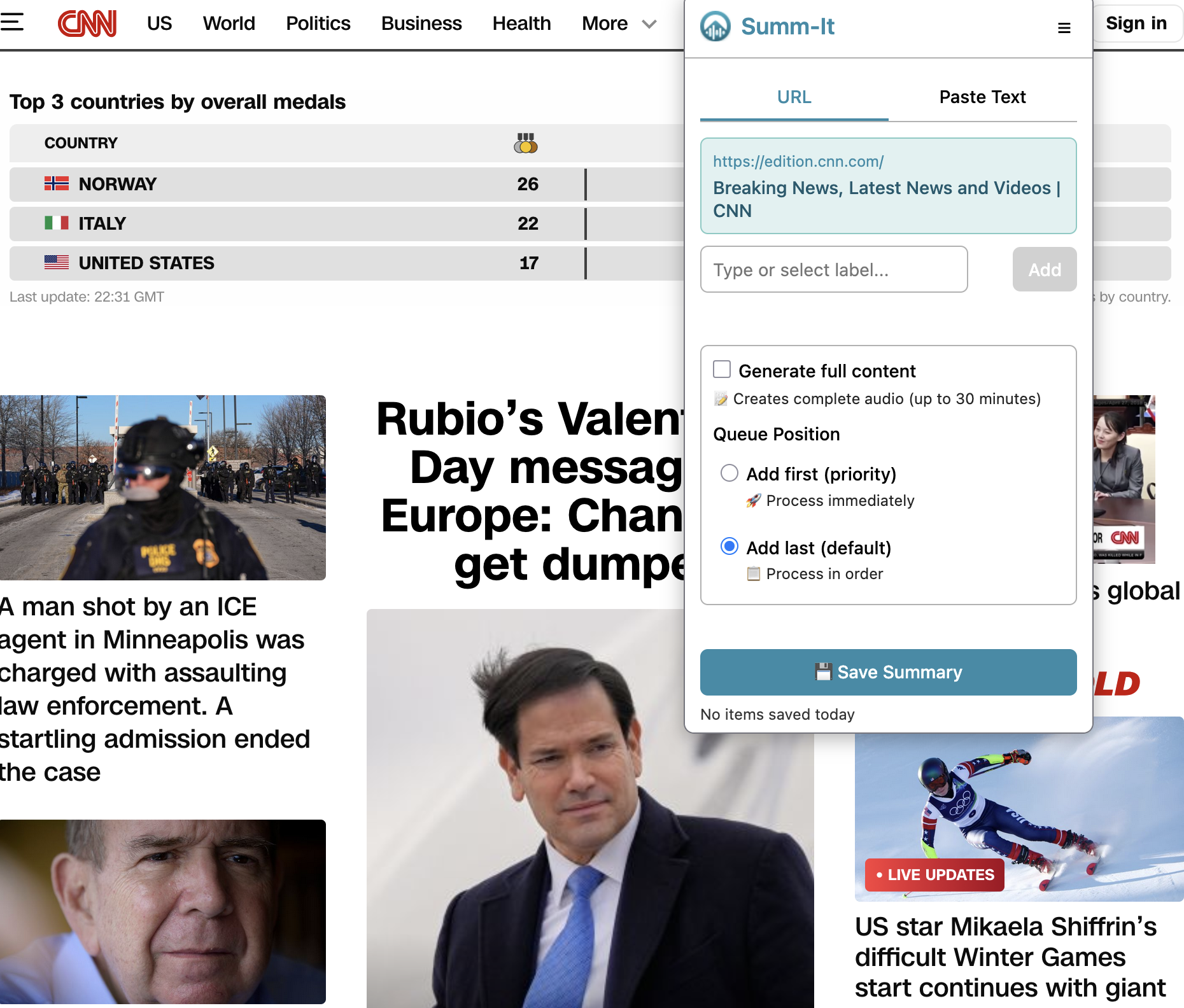 Summit browser extension popup saving an article from CNN with labeling and queue options