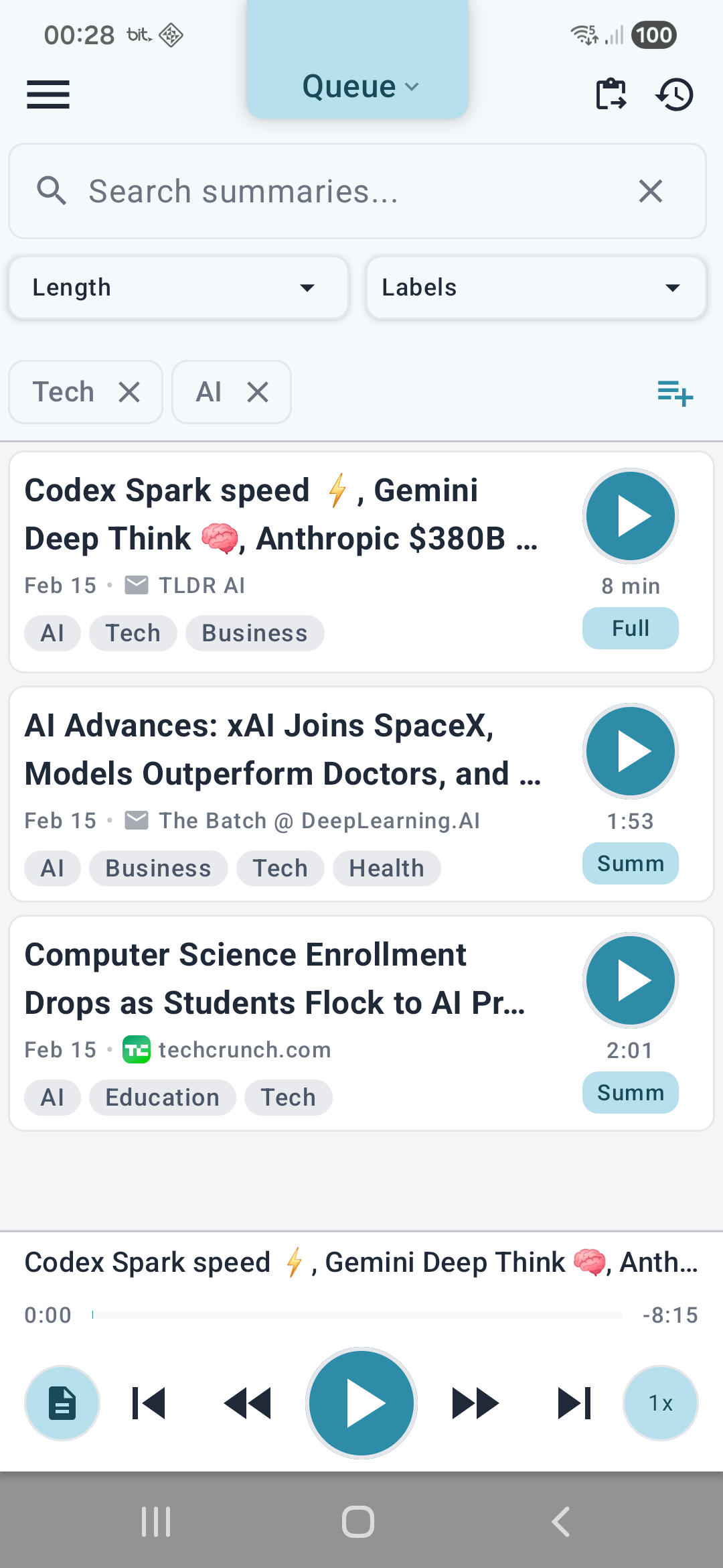 Filter panel showing active Tech and AI label filters with length and search options