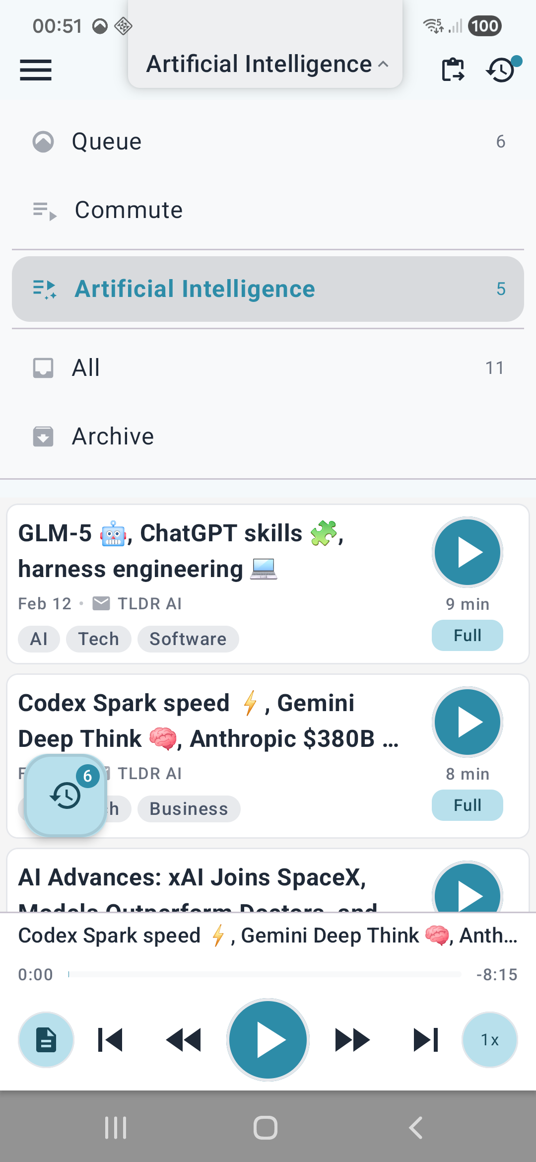 Playlist dropdown showing Queue, Retest, Commute, and Artificial Intelligence smart playlists