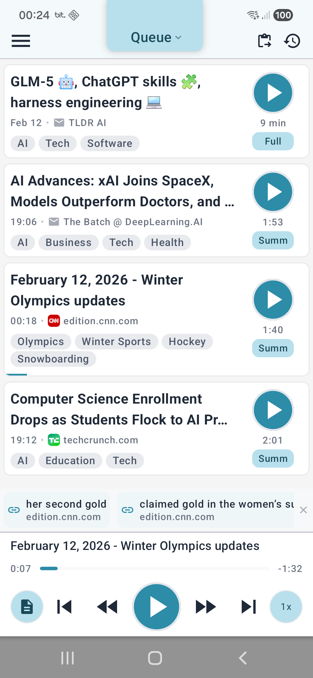 Summit queue screen showing articles organized as playlist items with labels and play buttons